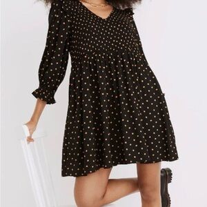 Madewell lucie smocked v neck mini dress Black Dress with Gold Dots size medium